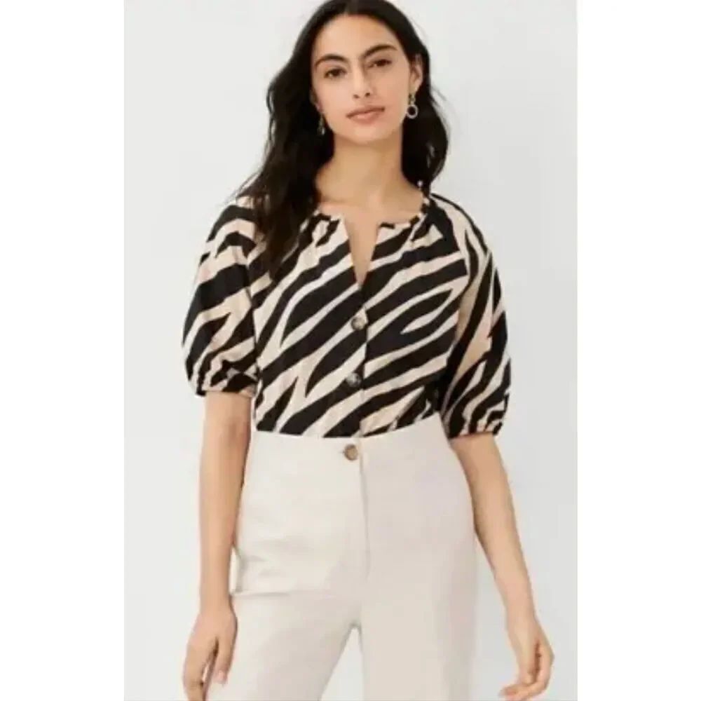 Ann Taylor Large Boxy brown tan zebra print puff 3/4 sleeve blouse top career